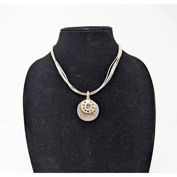 Chico's Necklace Beige Multi-Strand Cord Silver Tone Layered Pendant Abstract - Picture 1 of 6